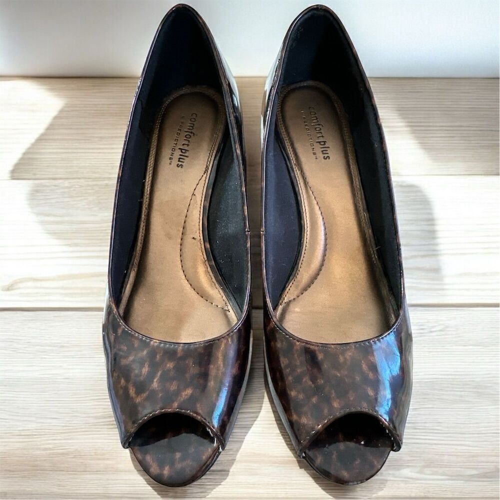 Predictions Women's Tortoise Black Shiny Wedge Heels Animal Print Open Toe Pumps